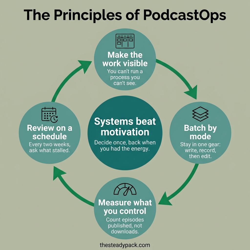 The principles of PodcastOps: systems beat motivation at the center, surrounded by a loop of make the work visible, batch by mode, measure what you control, and review on a schedule