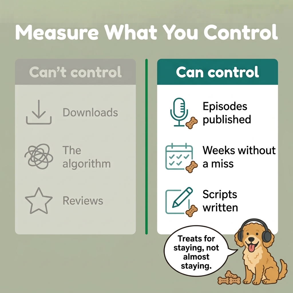 Measure what you control: downloads, the algorithm, and reviews are outside your control; episodes published, weeks without a miss, and scripts written are inside it