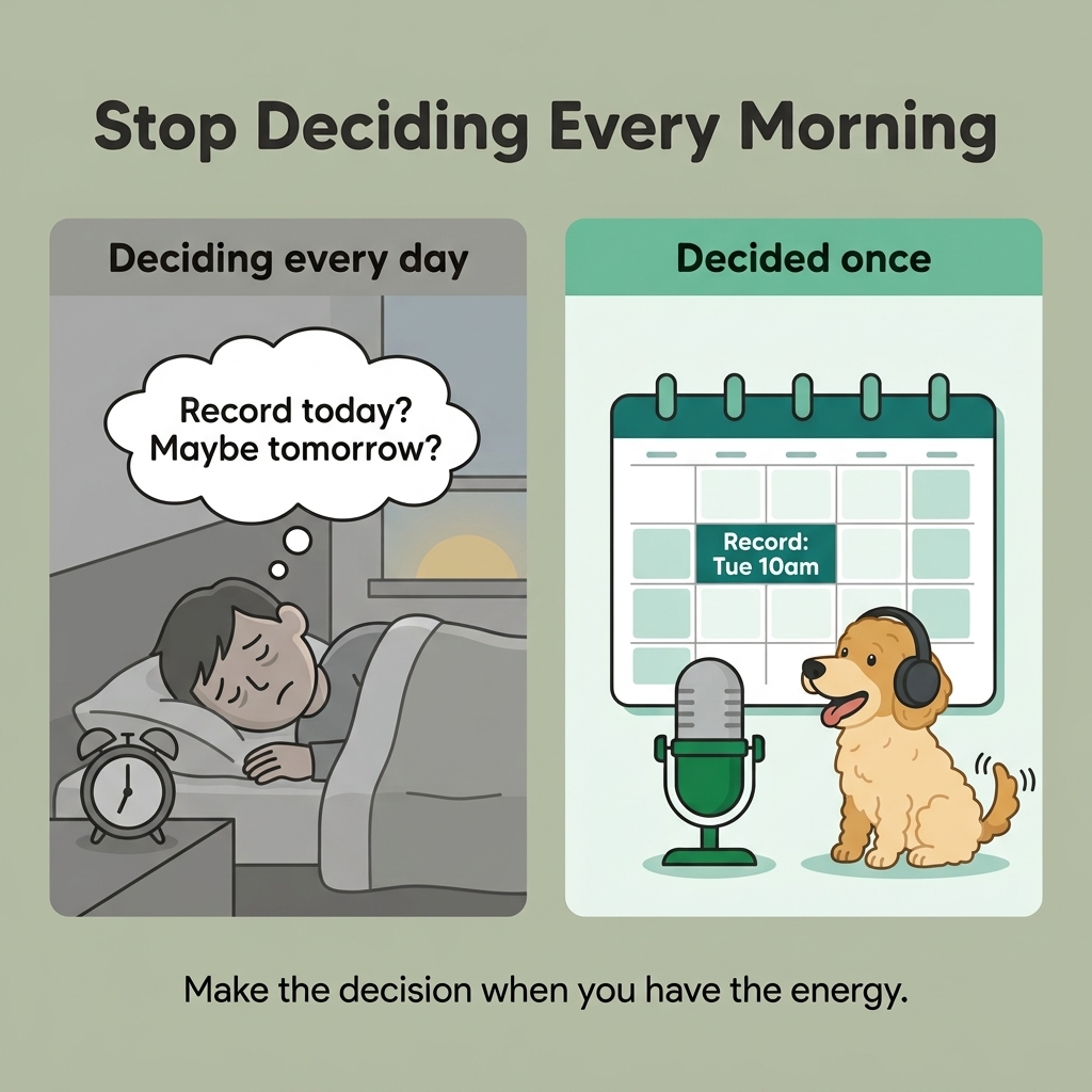 Stop deciding every morning: a tired creator in bed asking whether to record today, next to a calendar with recording already scheduled for Tuesday at 10am